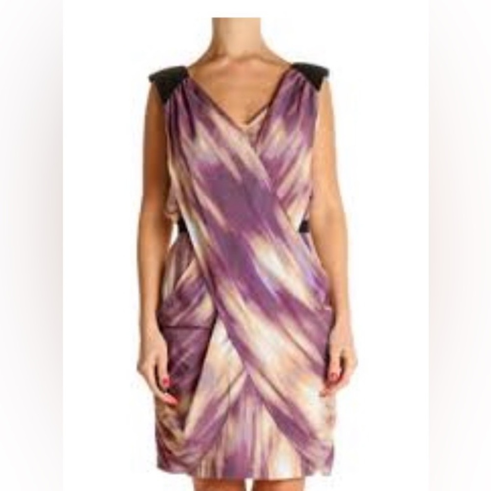 Purple Tie-Dye Wrap Midi Dress with Black Waist Tie